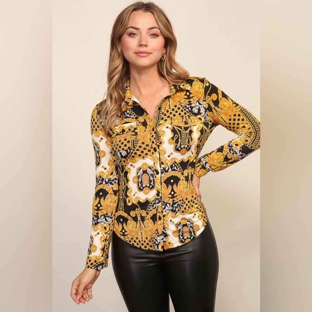Button Down Print Long Sleeve Blouse - image 1